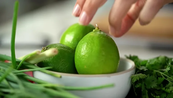 Garnish with lime slices, red chili, and coriander.