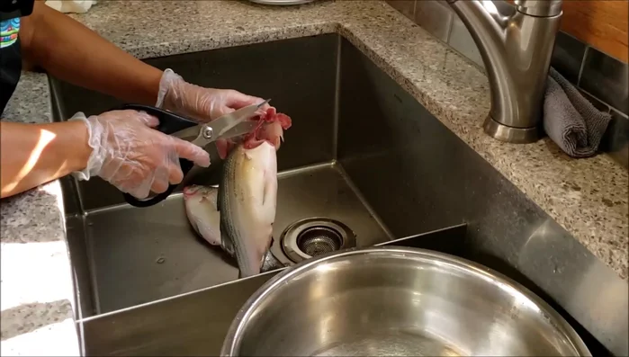 Clean the fish, remove guts from the mouth.