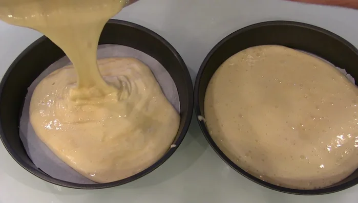 Pour batter into parchment-lined pans.