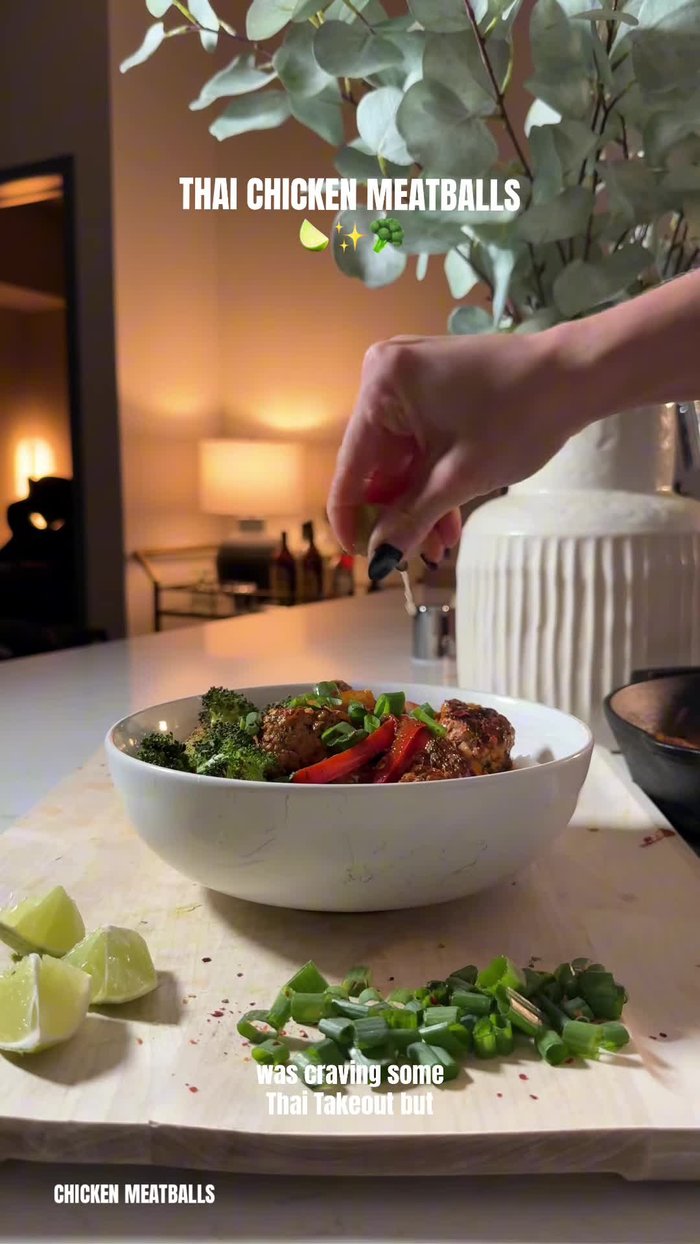 Prepare the chicken meatballs: Combine ground chicken, red bell pepper, cilantro, green onion, coconut aminos, ginger, and seasonings. Use a cookie scoop to form meatballs.