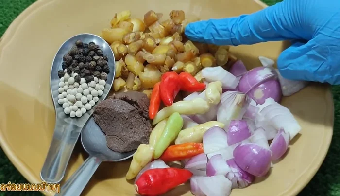 Prepare the curry paste: Pound together shallots, chilies, galangal, shrimp paste, black pepper, and white pepper until finely ground.