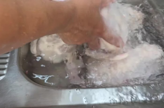 Clean the chicken thoroughly and remove all scraps inside.