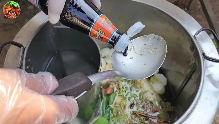 Add noodles, garlic-pepper-root mixture and black seal. Add bitter melon if desired (boil separately if worried about bitterness).