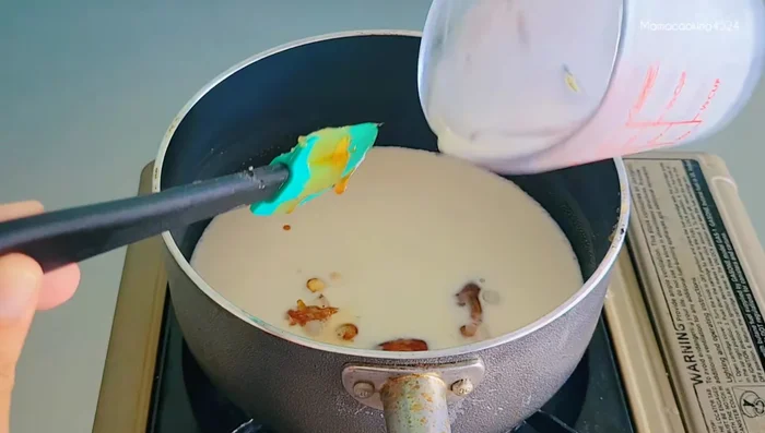 Add whipping cream (low heat, stir carefully to avoid splattering).