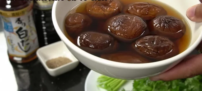 Prepare soup base: Combine shiitake mushrooms, garlic, chili, peppercorns, and Shirodashi.