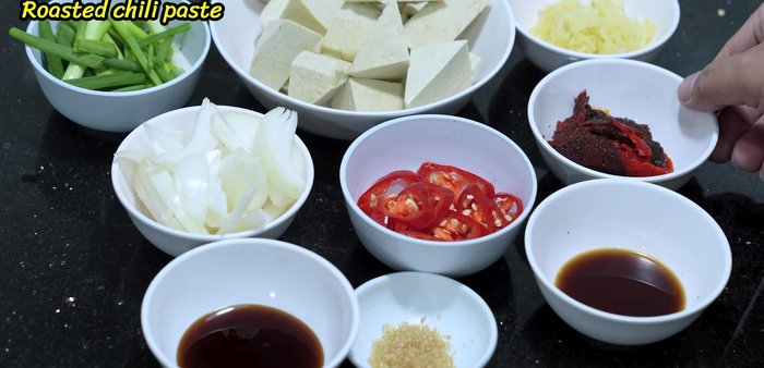 Cut tofu into bite-sized pieces.