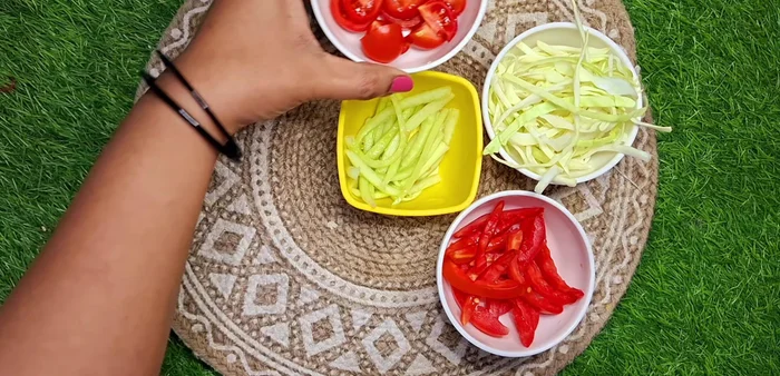 Cut all vegetables into long slices. Remove tomato seeds before cutting.