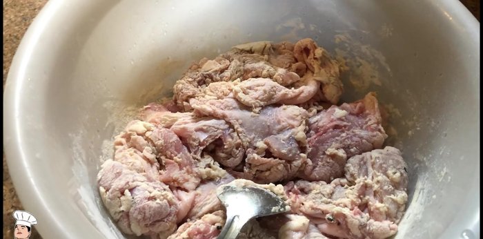 Dust boneless, skin-on chicken thighs in flour for crispy texture.