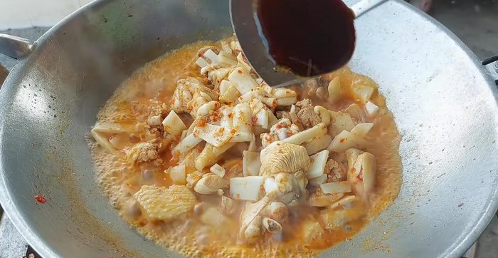 Add oyster sauce, soy sauce, fish sauce, white palm sugar, and MSG (optional).