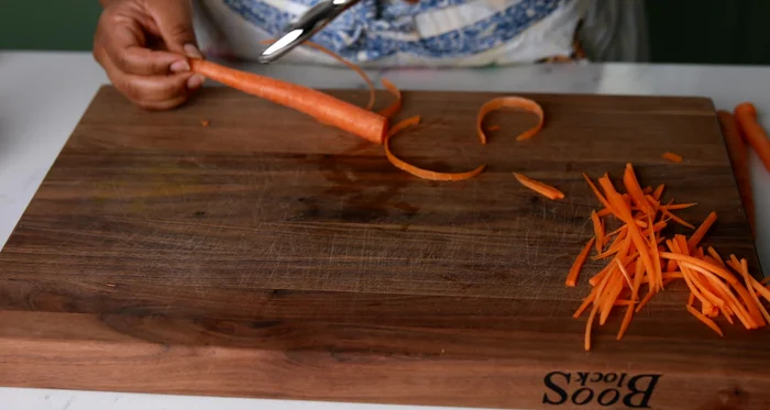 Prep carrots: Julienne carrots. (You can use a mandoline for faster prep.)