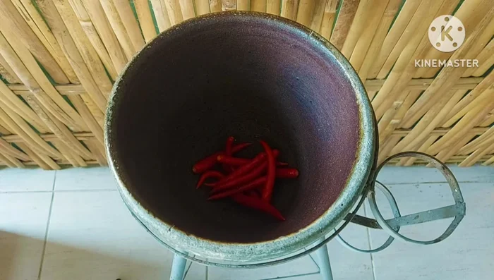 Prepare the Som Tum dressing: Pound the red chili peppers to your desired level of spiciness. Add tomatoes, palm sugar, tamarind juice, fish sauce, and lime juice. Adjust seasoning to taste.