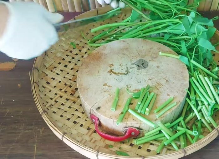Cut the morning glory into bite-sized pieces.
