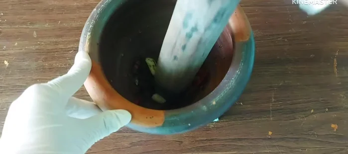 Pound the roasted garlic and chilies into a fine paste.