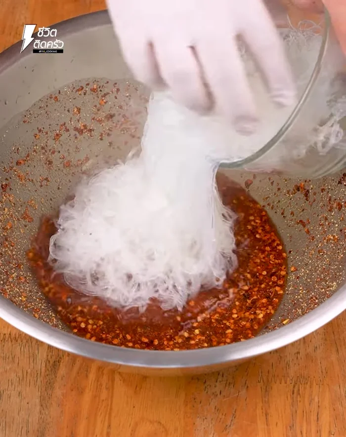 Mix all ingredients well, then add the cooked glass noodles, pork sausage, and minced pork. Mix thoroughly.