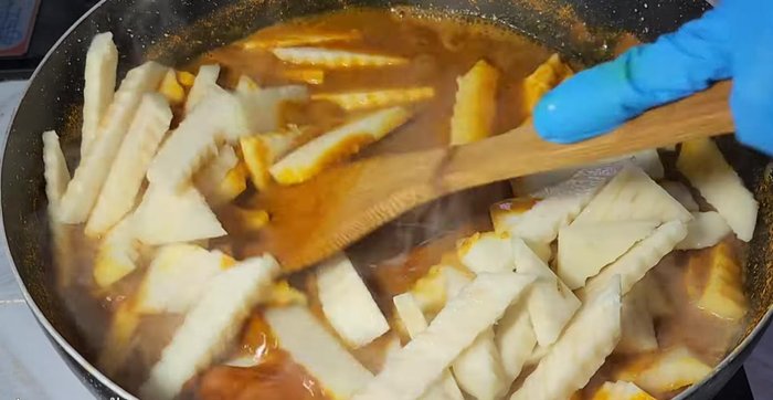 Add young coconut shoots and cook until tender.
