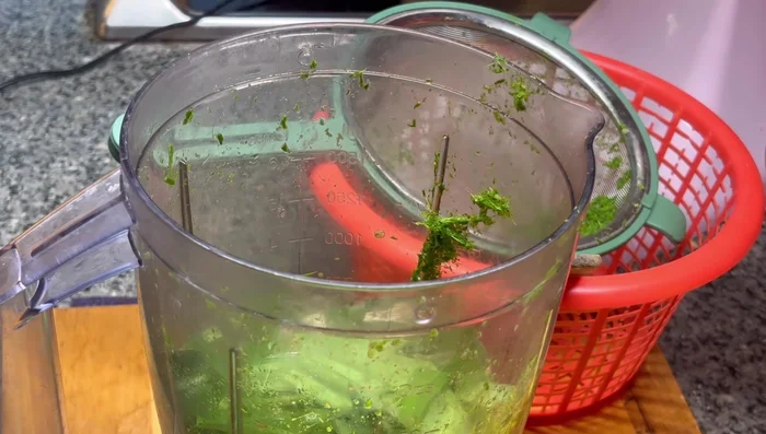 For a second round of extraction, add more pandan leaves and the remaining pandan water from the first round to the blender.