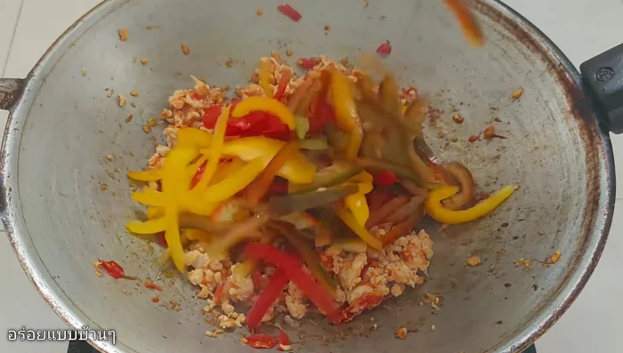 Add bell peppers and water (if needed). Season with white soy sauce, oyster sauce, dark soy sauce, and sugar.