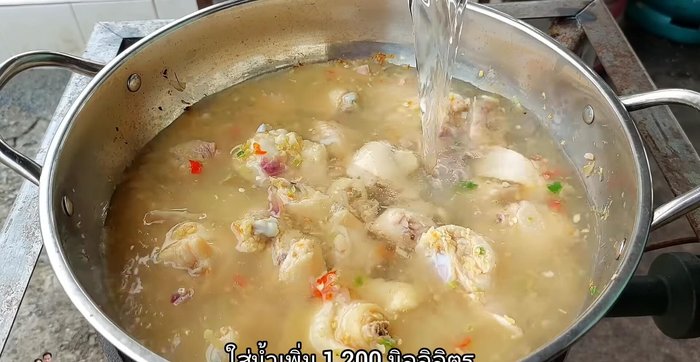 Add water (1200ml), fish sauce, seasoning powder, and MSG (optional).