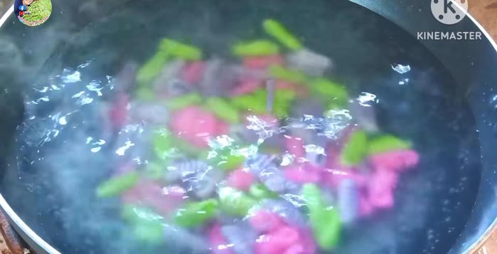 Boil until the noodles float to the surface and are clear and shiny (2-3 minutes).