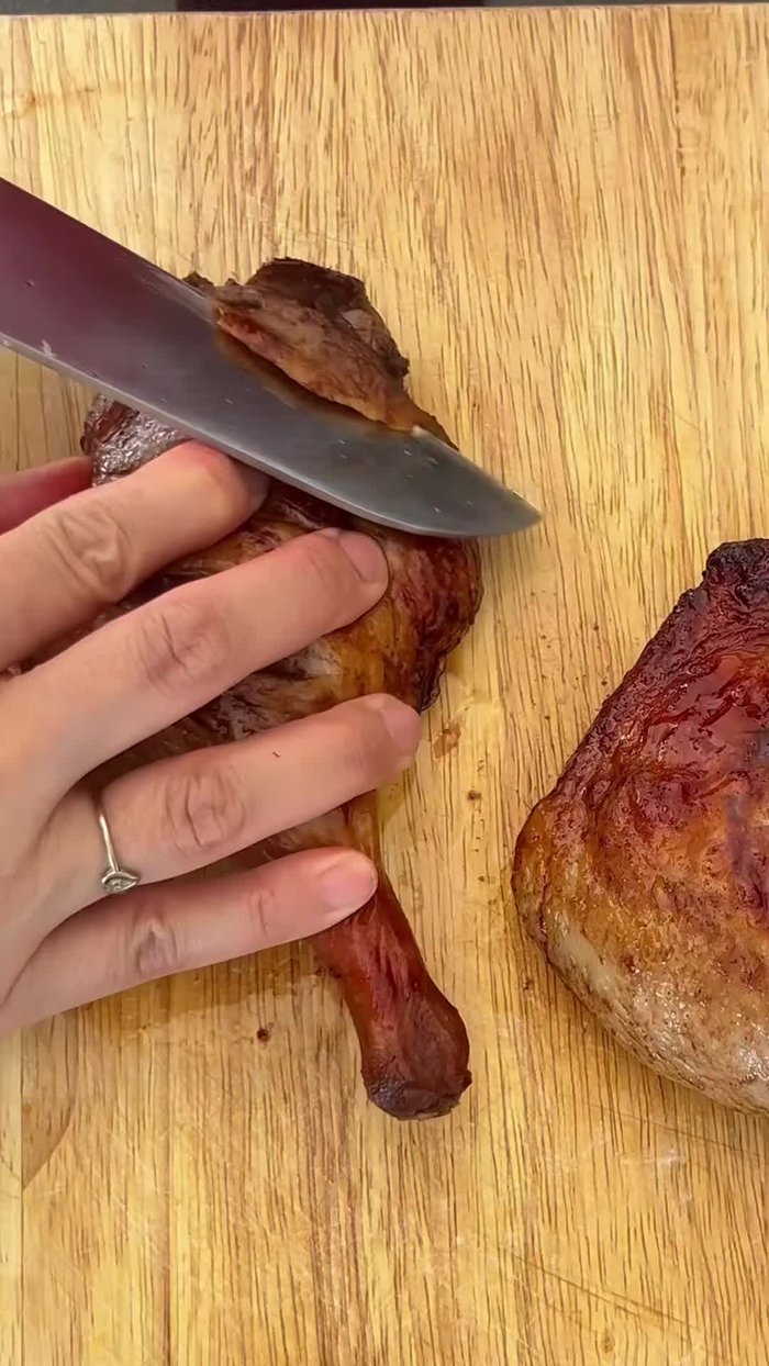 Slice the roasted dark meat (duck legs recommended).