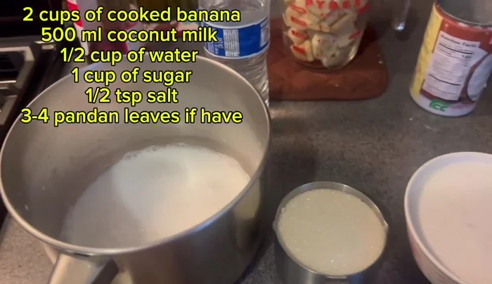 In a pot, combine canned coconut milk, water, sugar, salt, and pandan leaves.