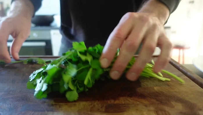 Prepare the Nam Tok herbs and vegetables: Chop cilantro (leaves roughly, stems finely), thinly slice scallions on a bias, pluck mint leaves, thinly slice red onion (and soak in cold water to reduce pungency), and finely mince red Thai chili. (332.12)