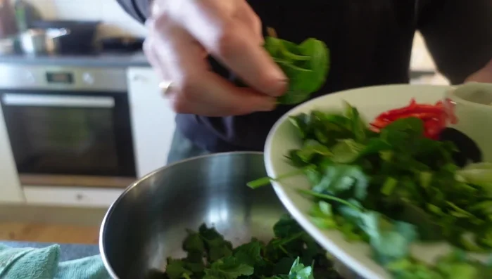 Assemble the Nam Tok: Combine sliced steak, herbs, and vegetables in a bowl. Add toasted rice powder and dressing, mixing gently. Adjust seasoning to taste. (686.079)