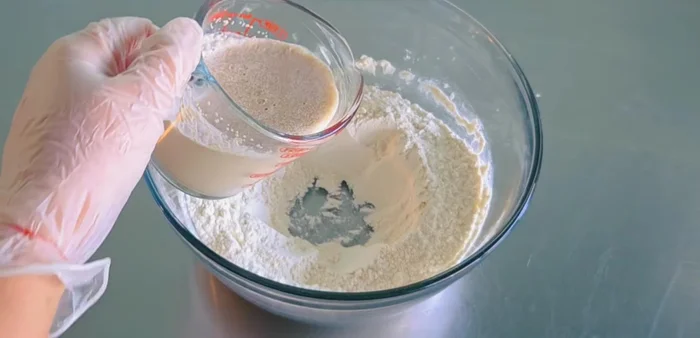 Make a well in the center of the flour mixture and pour in the yeast mixture and egg.