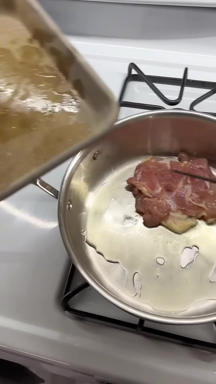 Start with chicken in a cold pan with olive oil, sear until cooked.