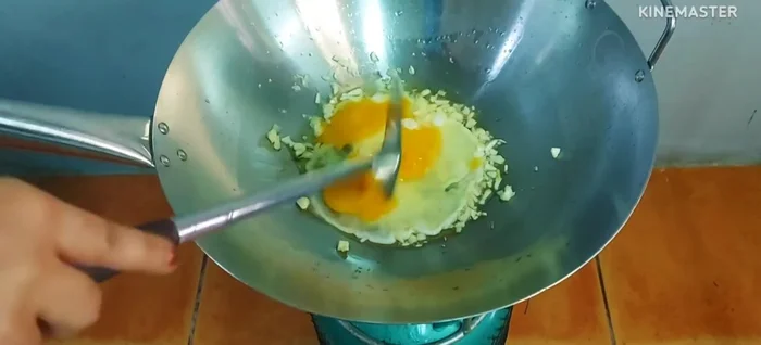 Add the eggs and cook to your desired consistency (around 80% cooked for dry eggs).