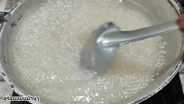 Drain the sago pearls in a sieve and rinse with water to remove excess starch.