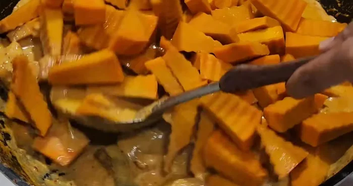 Add pumpkin. Check the soup consistency; add water if too thick.