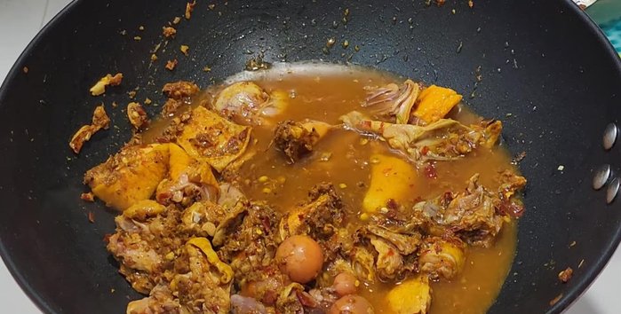 Add water and bring to a boil. Simmer for about half an hour (or longer for tougher chicken).