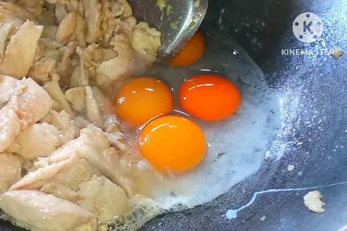Add eggs and cook until set, then stir to combine.