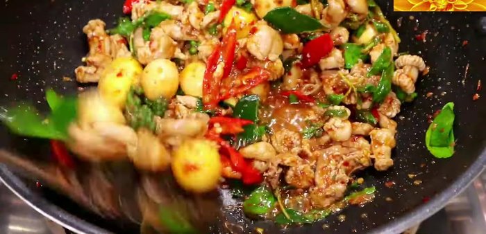 Add quail eggs and stir-fry gently.