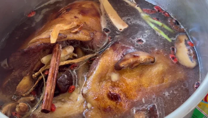 Bring to a boil over high heat, then reduce heat to low and simmer for 1.5 to 2 hours. Skim off any bubbles.