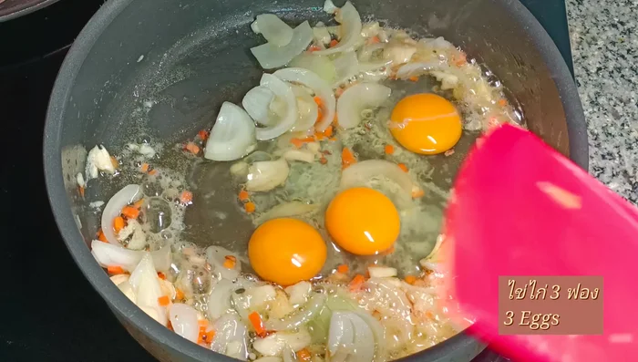 Add eggs, let them set, then scramble.