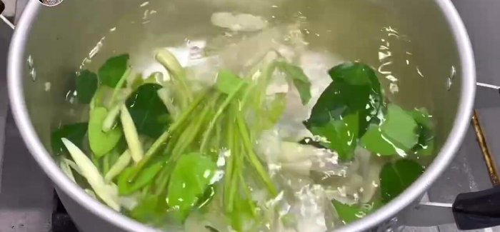 Start the Tom Yum broth: In a pot, combine the aromatics and Tom Yum paste.
