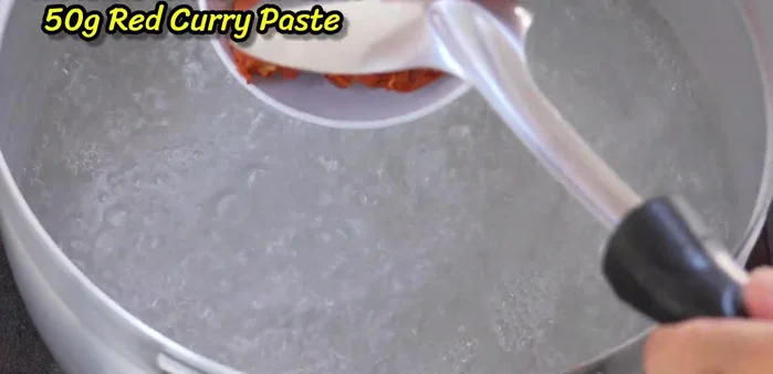 Boil water in a pot. Add red curry paste and shrimp paste.