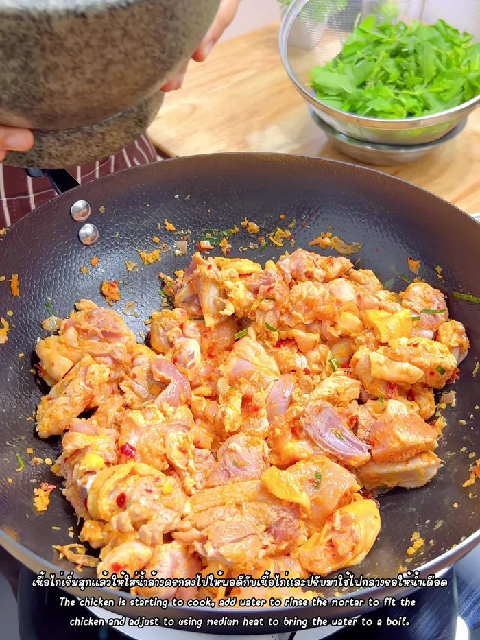 Add water used to wash the mortar, adjust heat to medium, and bring to a boil.