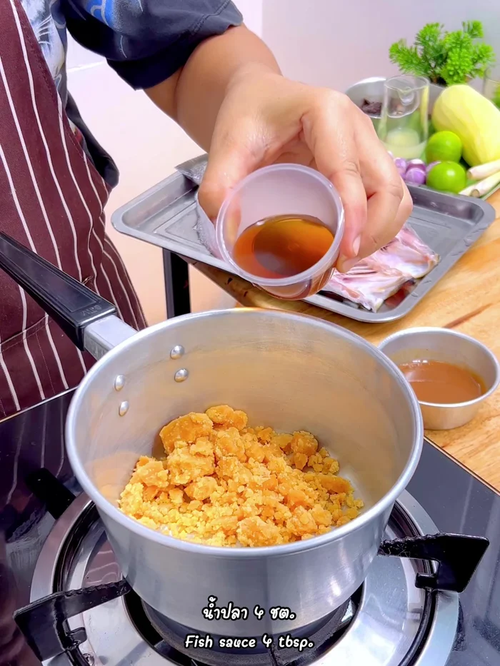 Prepare the dipping sauce: Simmer coconut sugar, fish sauce, tamarind juice, and water until clear and slightly thick.