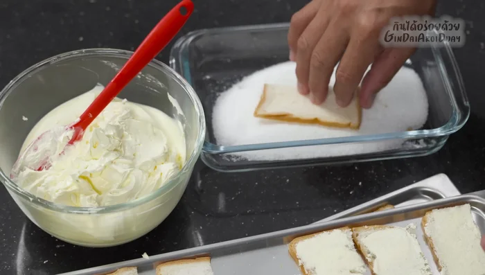 Bake the bread slices in the preheated oven at approximately 150°C for 10-15 minutes, or until golden yellow and dry.