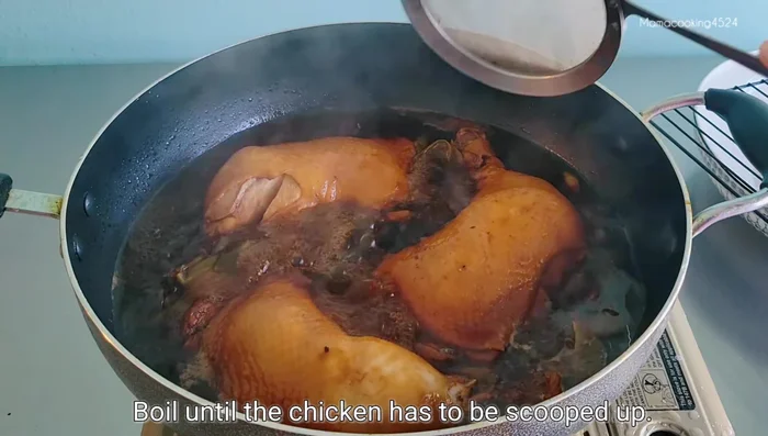 Once the chicken is dry, fry it in a moderate amount of vegetable oil for 10-15 minutes, until the skin is crispy and the chicken is cooked through.
