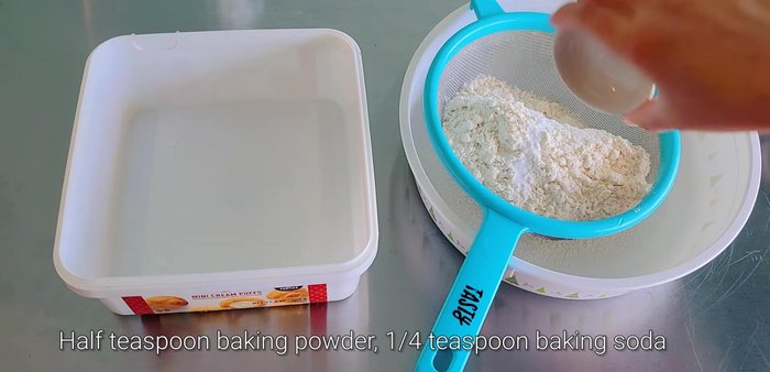 Sift together the flour, baking powder, and baking soda 2-3 times.