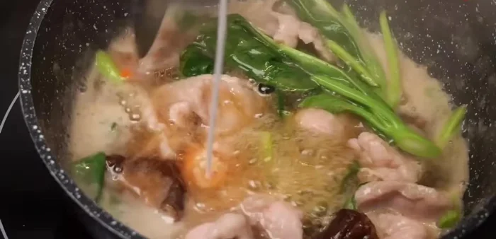 Once the pork is cooked and vegetables are tender, add tapioca flour (2 tablespoons mixed with 2 tablespoons of water) slowly to thicken the sauce.