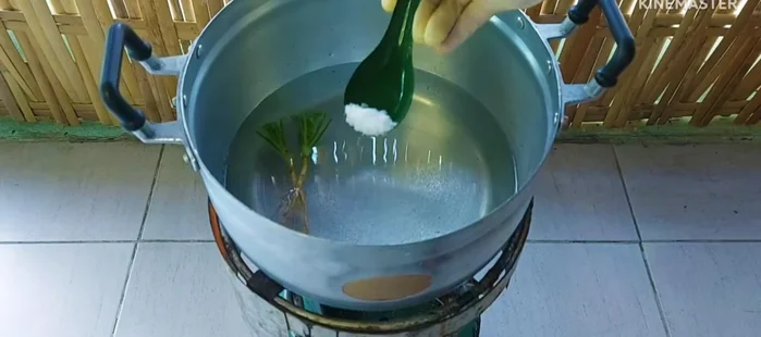 In a separate pot, add water, 2-3 coriander roots, 1 teaspoon salt, 1-2 cubes of soup stock, seasoning powder, light soy sauce, and sugar. Season to taste and mix well.