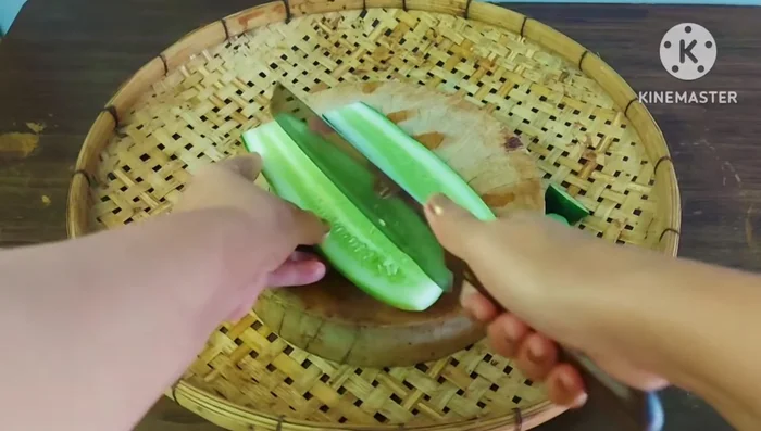 Cut the cucumber into bite-sized pieces. You can leave the skin on or off, as preferred.