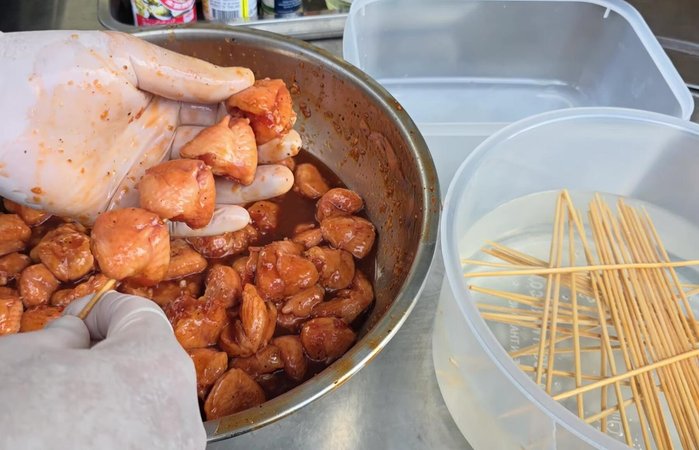 Thread the marinated chicken onto the skewers. If using large pieces, make incisions before threading.
