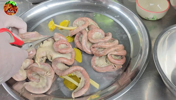 Cut the boiled intestines using scissors. A knife can be used but be careful.