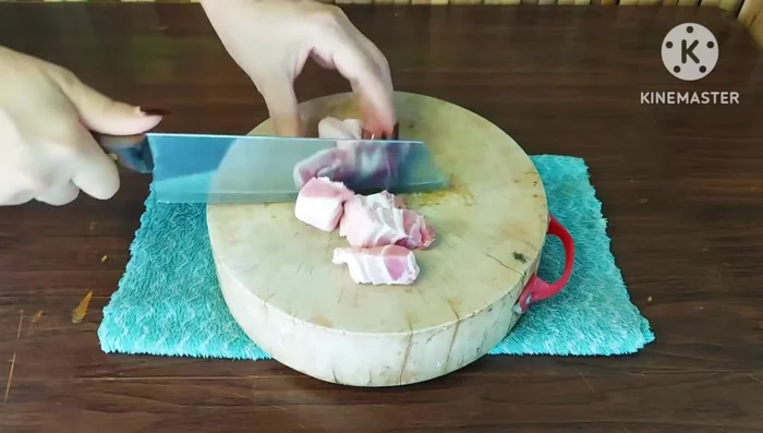 Cut the 3-layer pork belly into smaller pieces if desired. They will shrink when fried.